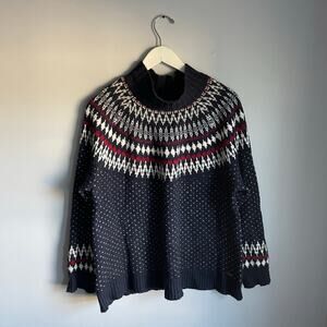 Eddie Bauer Navy Blue Wool Blend Fair Isle Mock Neck Sweater Size Extra Large XL